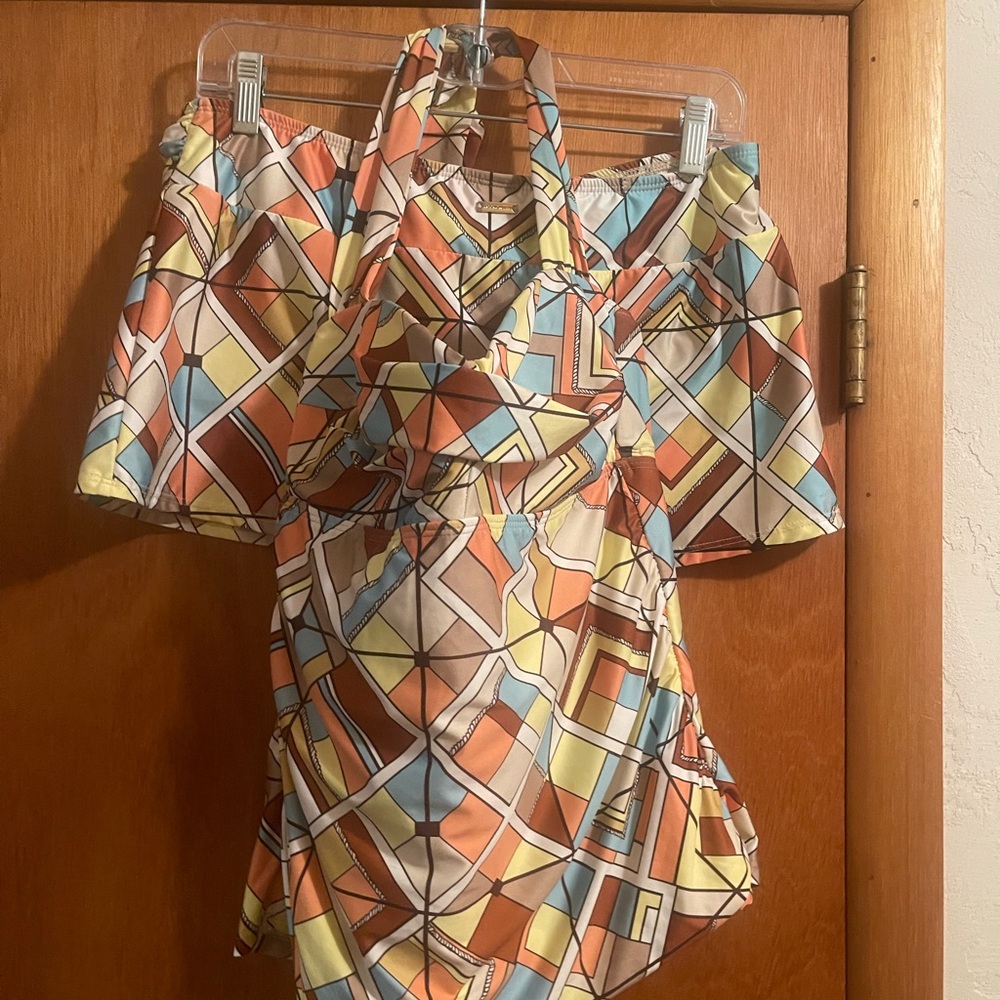 Antonio Melani Womens Tankini Bamboo Print Built in Bra Halter & Bottom S